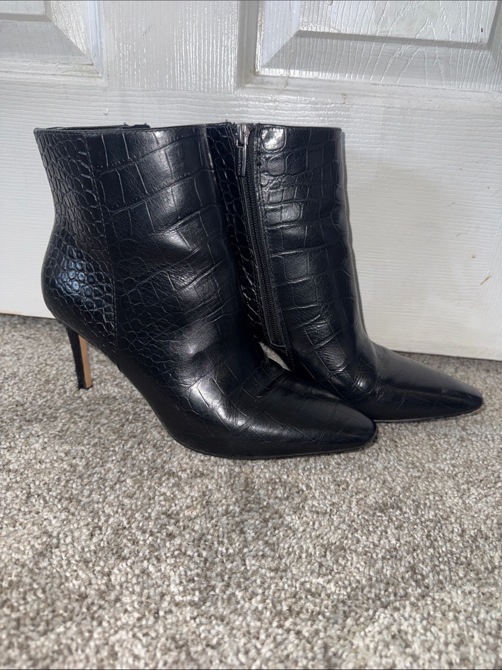 Vince Camuto Black Croc-Embossed Pointed Ankle Booties
